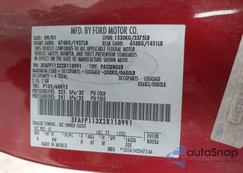 2002 Ford Escort Zx2 из США, поврежденный, VIN 3FAFP113X2R118991